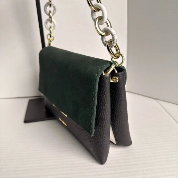 Ted Baker Jet Aalice Shoulder Bag Green Suede Flap Pebbled Leather Marble Chain